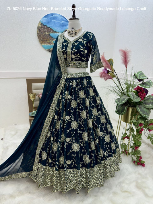 Zb-5026 Navy Blue Non-Branded Stzyc Georgette Readymade Lehenga Choli