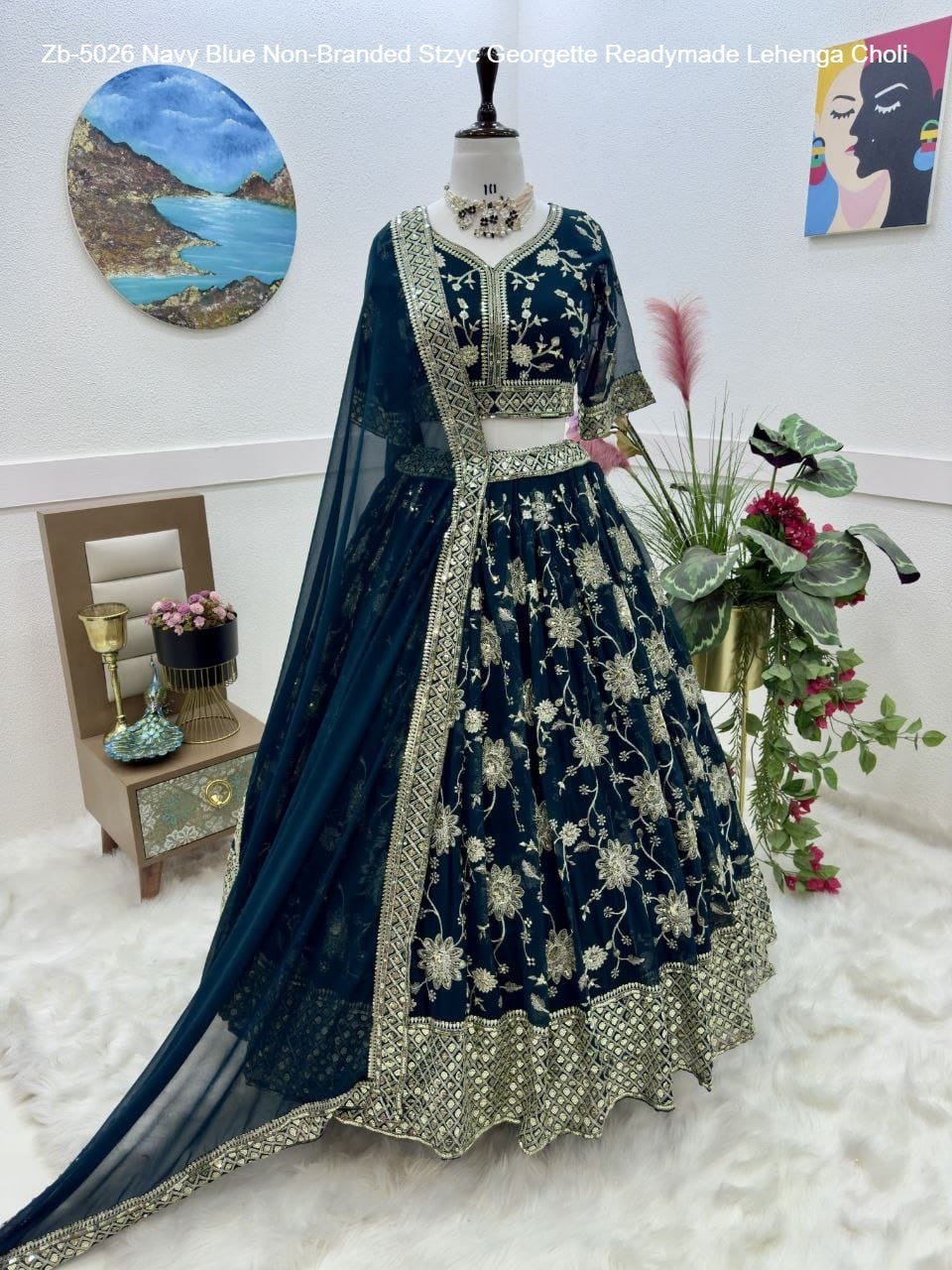 Zb-5026 Navy Blue Non-Branded Stzyc Georgette Readymade Lehenga Choli
