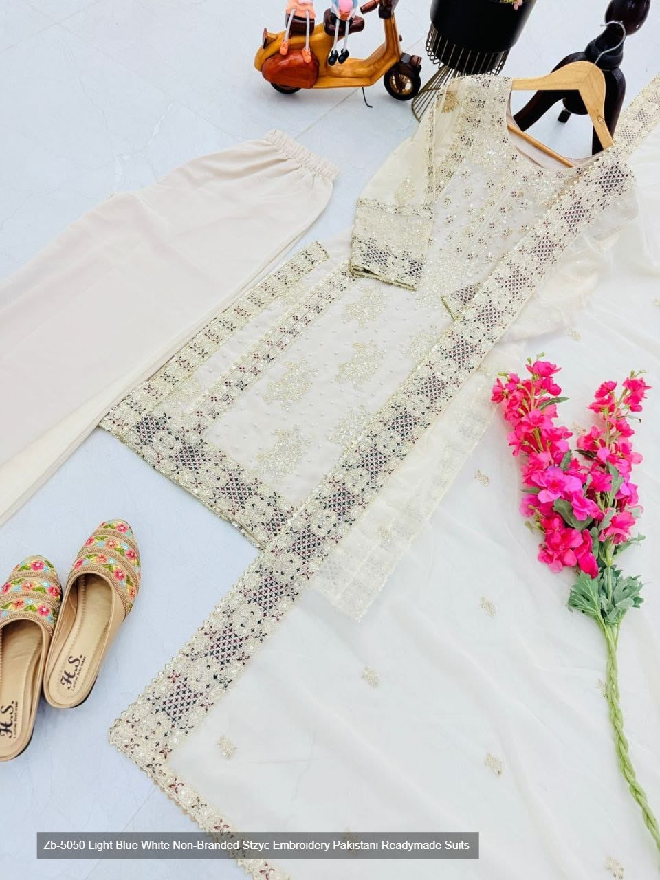 Zb-5050 Light Blue White Non-Branded Stzyc Embroidery Pakistani Readymade Suits