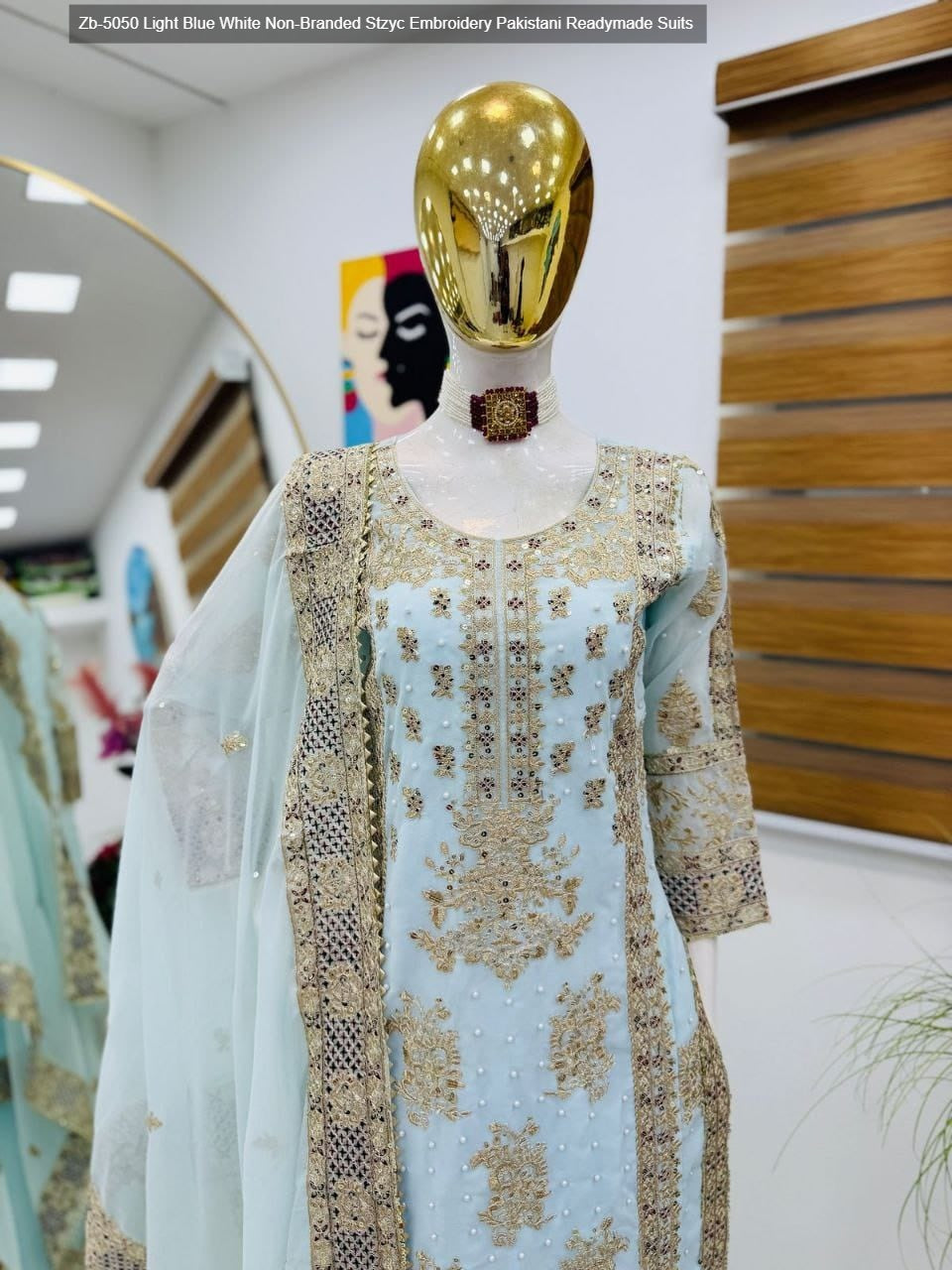Zb-5050 Light Blue White Non-Branded Stzyc Embroidery Pakistani Readymade Suits