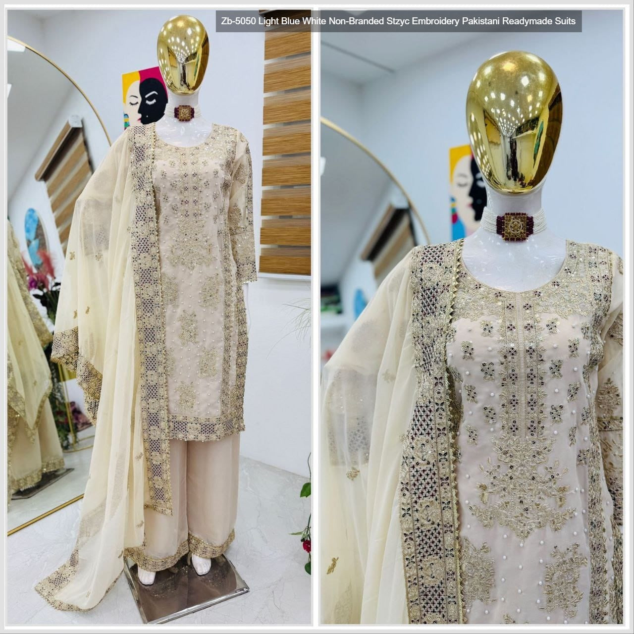 Zb-5050 Light Blue White Non-Branded Stzyc Embroidery Pakistani Readymade Suits