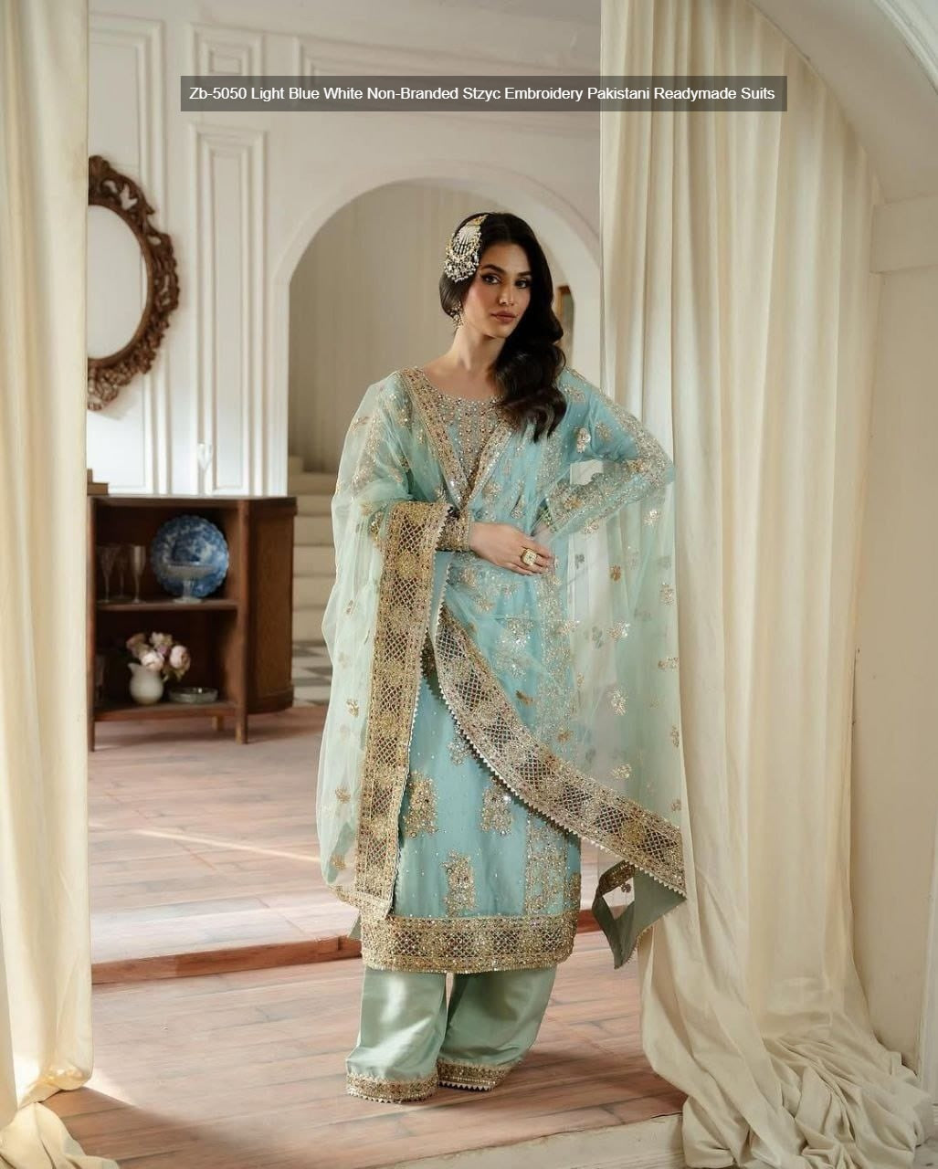 Zb-5050 Light Blue White Non-Branded Stzyc Embroidery Pakistani Readymade Suits