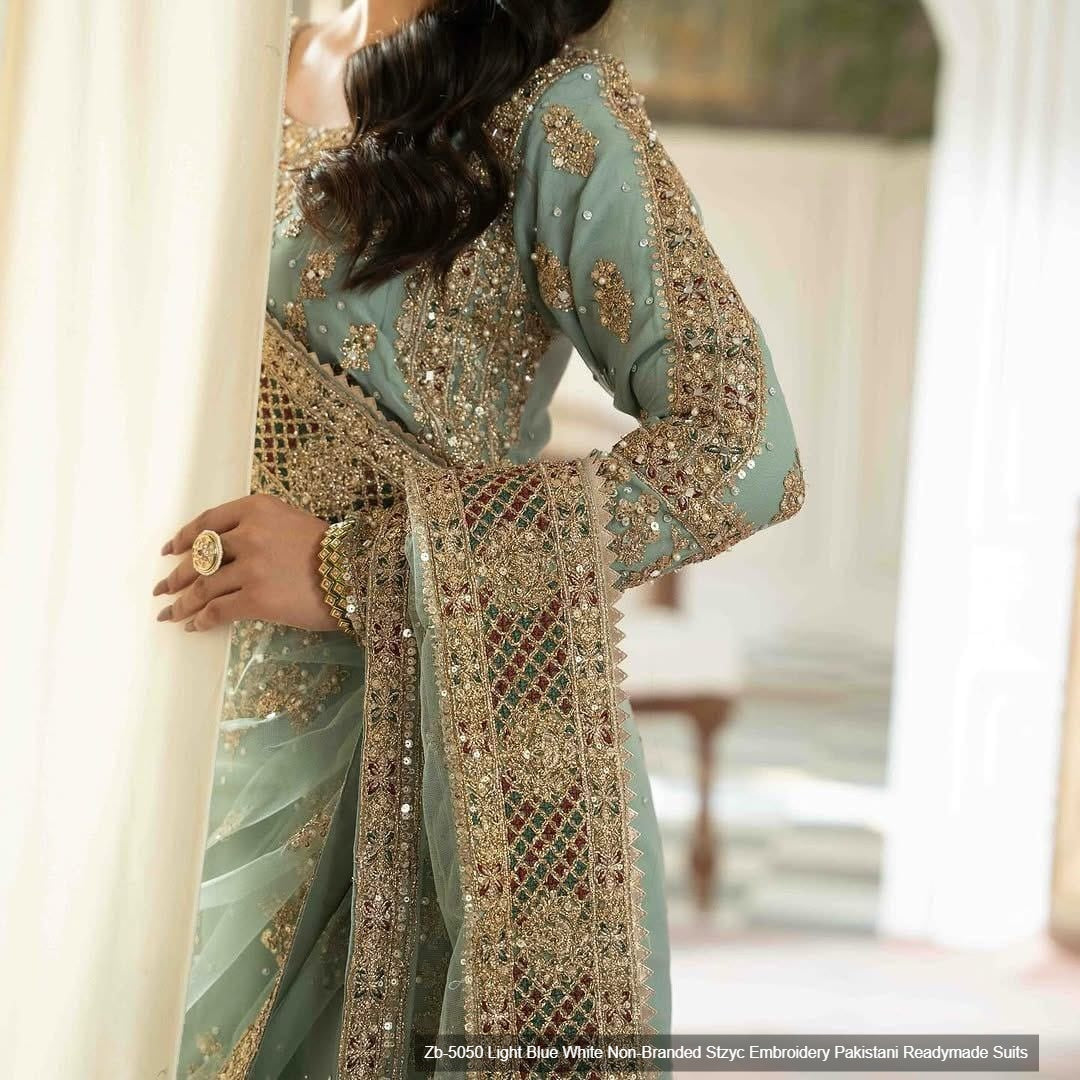 Zb-5050 Light Blue White Non-Branded Stzyc Embroidery Pakistani Readymade Suits