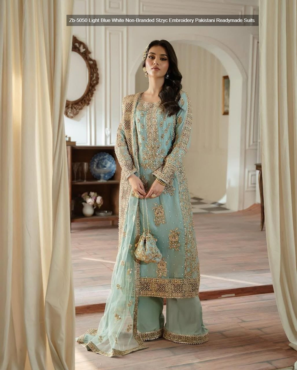 Zb-5050 Light Blue White Non-Branded Stzyc Embroidery Pakistani Readymade Suits