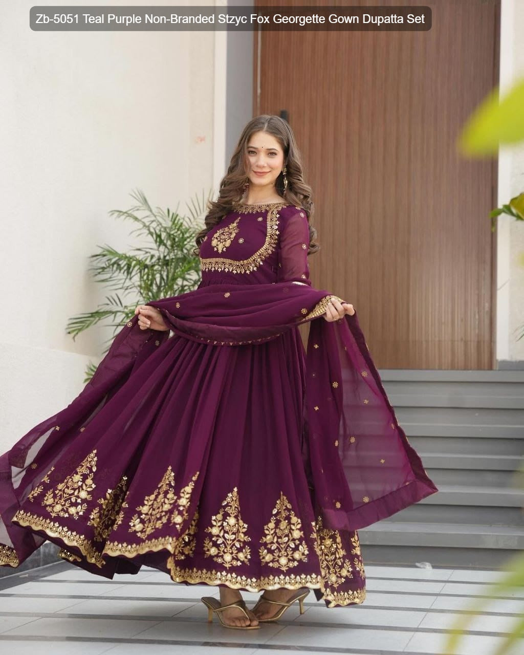 Zb-5051 Teal Purple Non-Branded Stzyc Fox Georgette Gown Dupatta Set