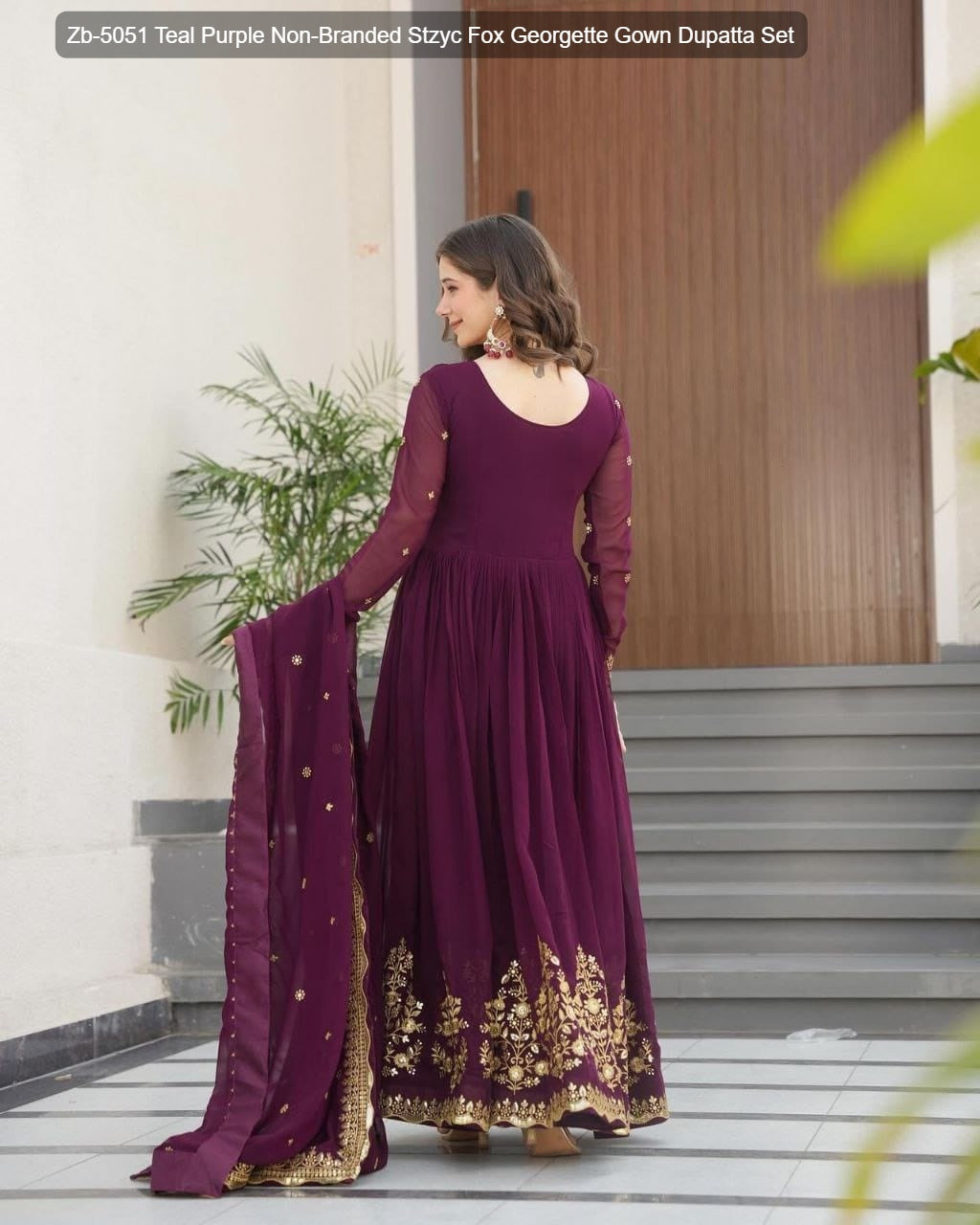 Zb-5051 Teal Purple Non-Branded Stzyc Fox Georgette Gown Dupatta Set