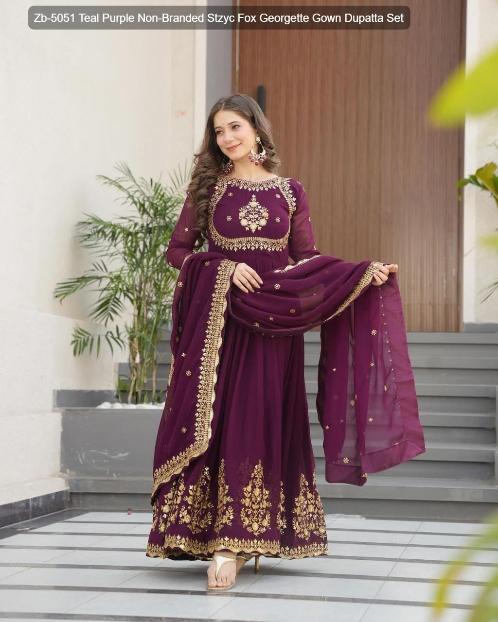 Zb-5051 Teal Purple Non-Branded Stzyc Fox Georgette Gown Dupatta Set