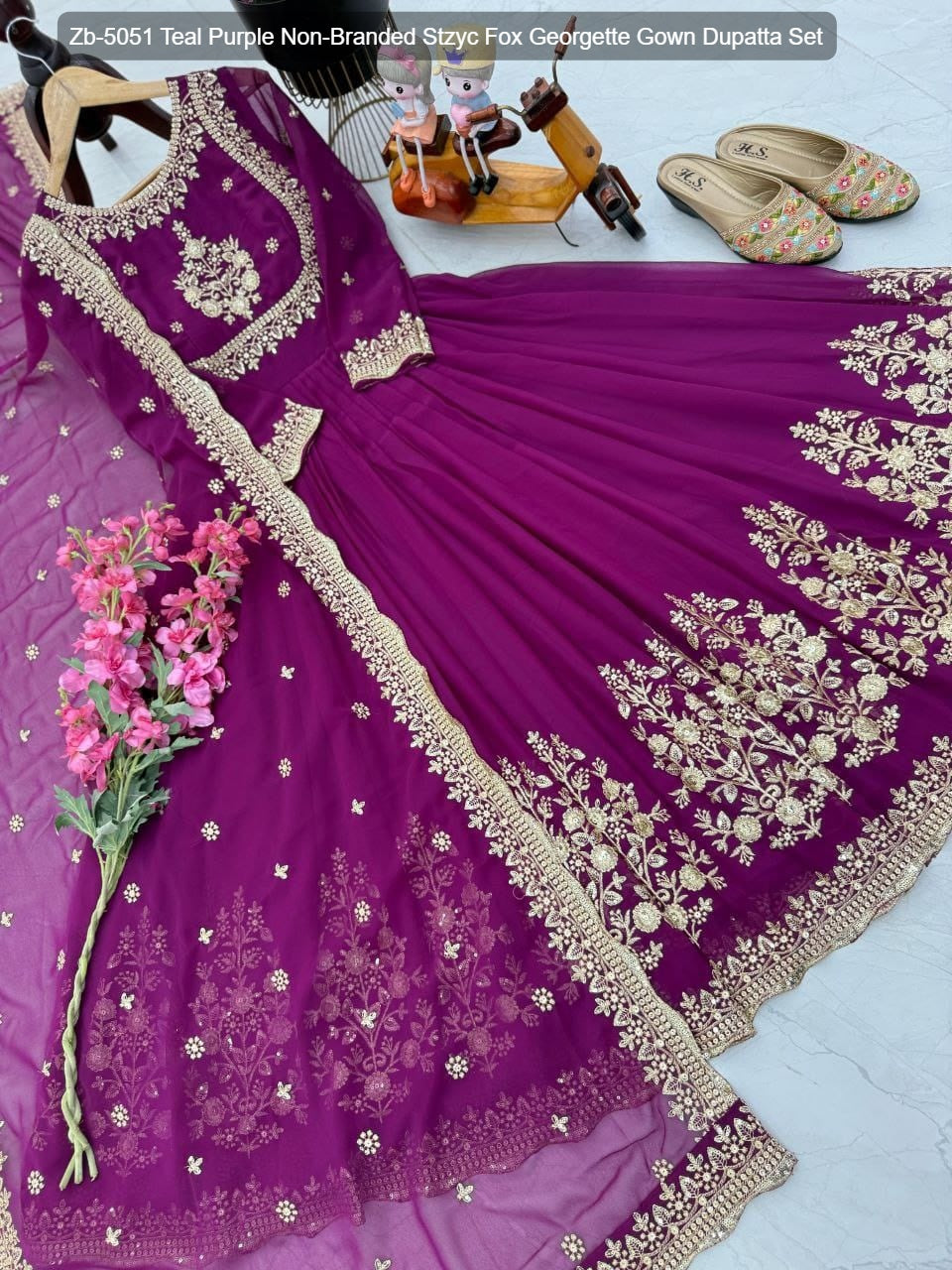 Zb-5051 Teal Purple Non-Branded Stzyc Fox Georgette Gown Dupatta Set