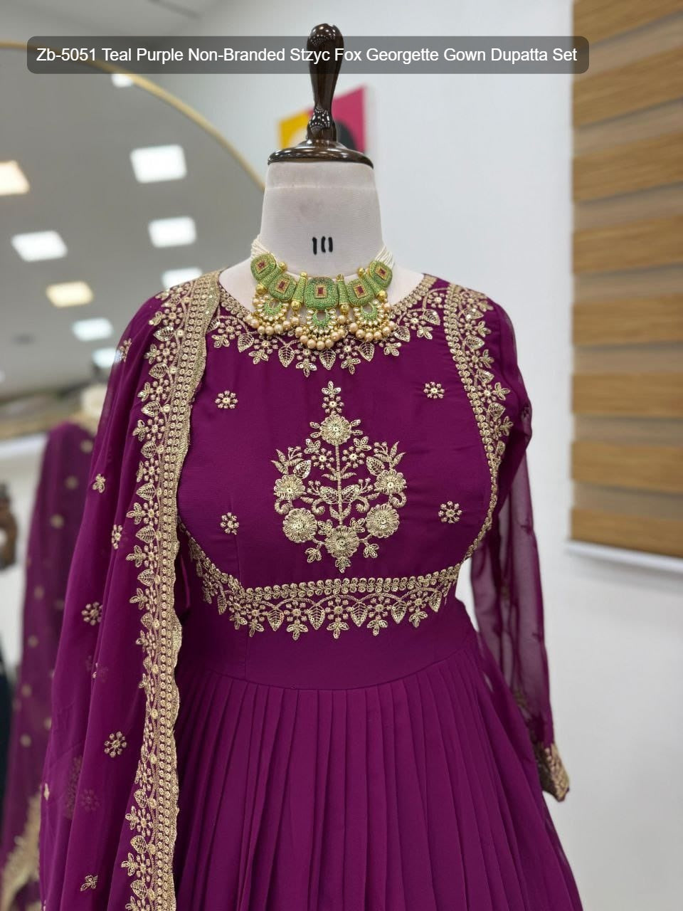Zb-5051 Teal Purple Non-Branded Stzyc Fox Georgette Gown Dupatta Set