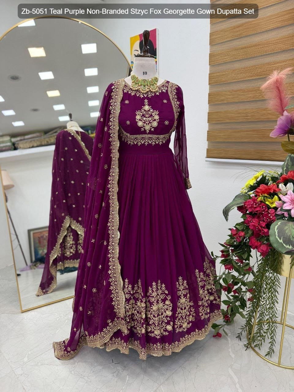 Zb-5051 Teal Purple Non-Branded Stzyc Fox Georgette Gown Dupatta Set