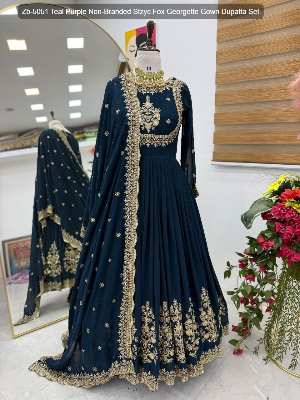 Zb-5051 Teal Purple Non-Branded Stzyc Fox Georgette Gown Dupatta Set