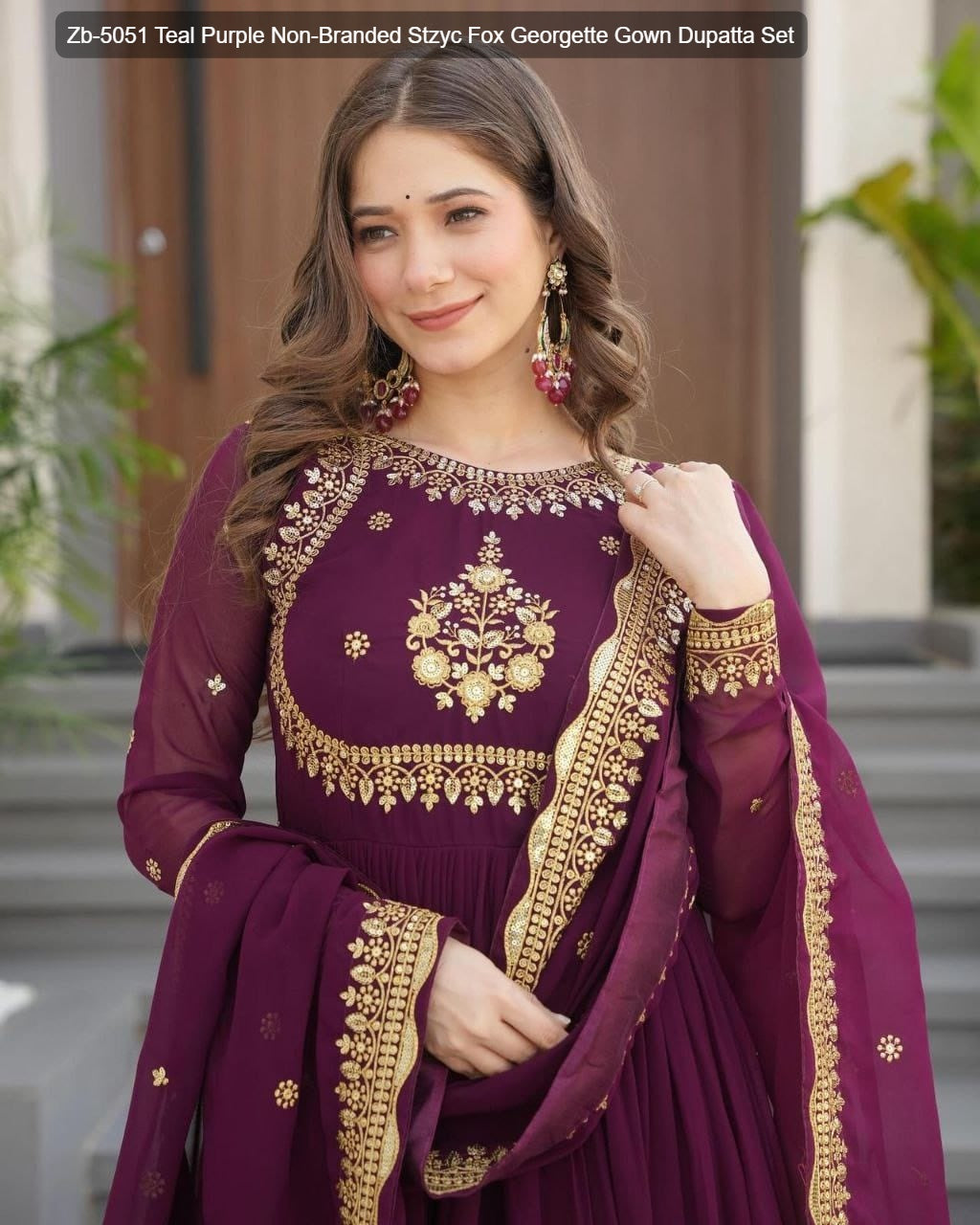 Zb-5051 Teal Purple Non-Branded Stzyc Fox Georgette Gown Dupatta Set