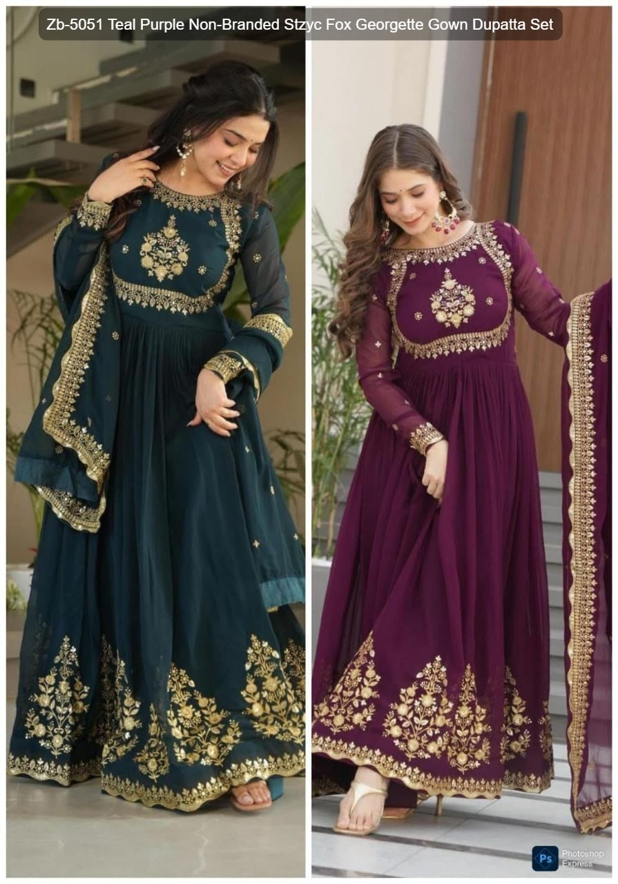 Zb-5051 Teal Purple Non-Branded Stzyc Fox Georgette Gown Dupatta Set