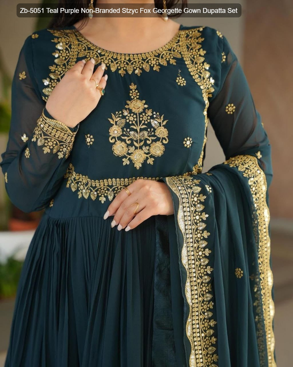 Zb-5051 Teal Purple Non-Branded Stzyc Fox Georgette Gown Dupatta Set