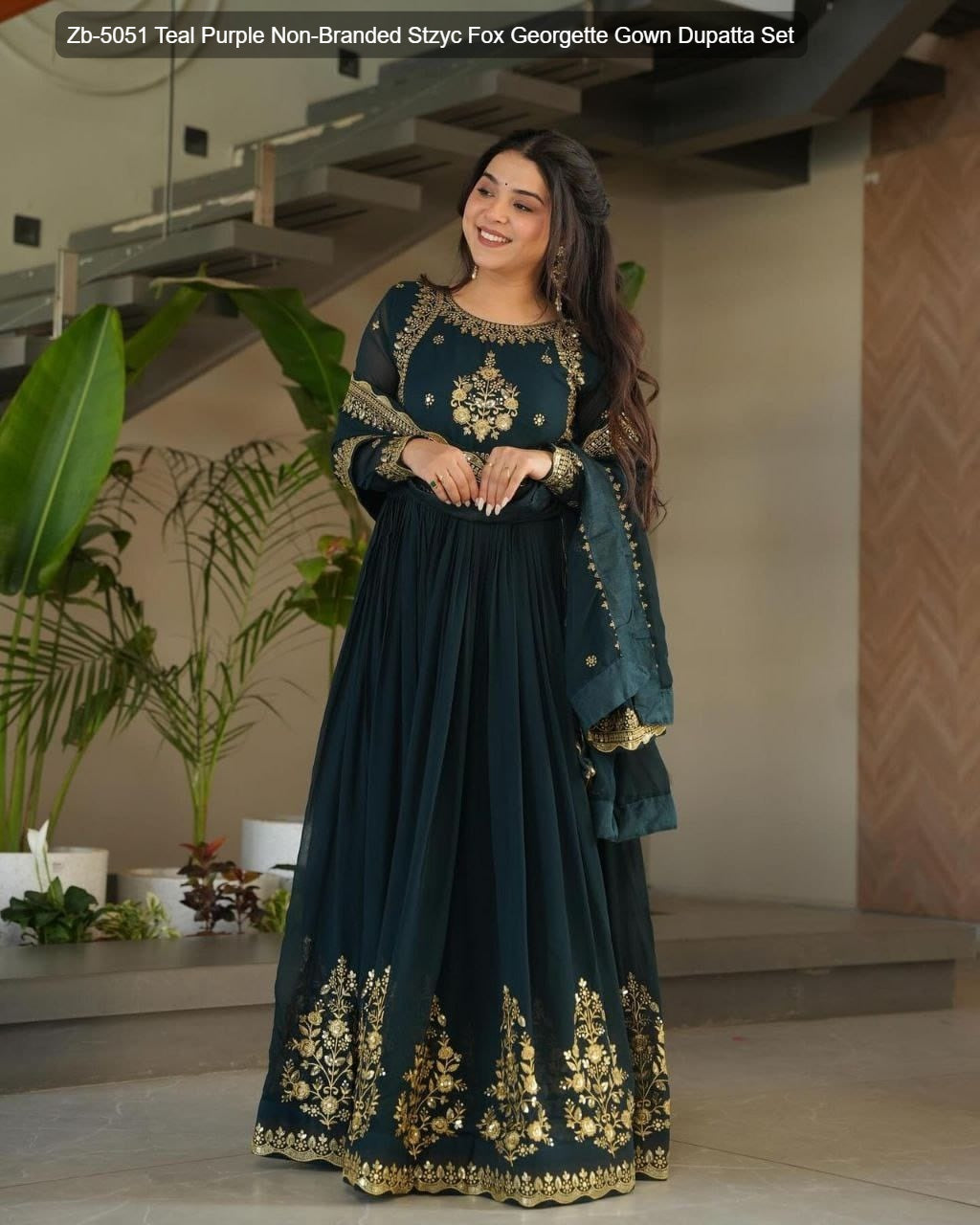Zb-5051 Teal Purple Non-Branded Stzyc Fox Georgette Gown Dupatta Set