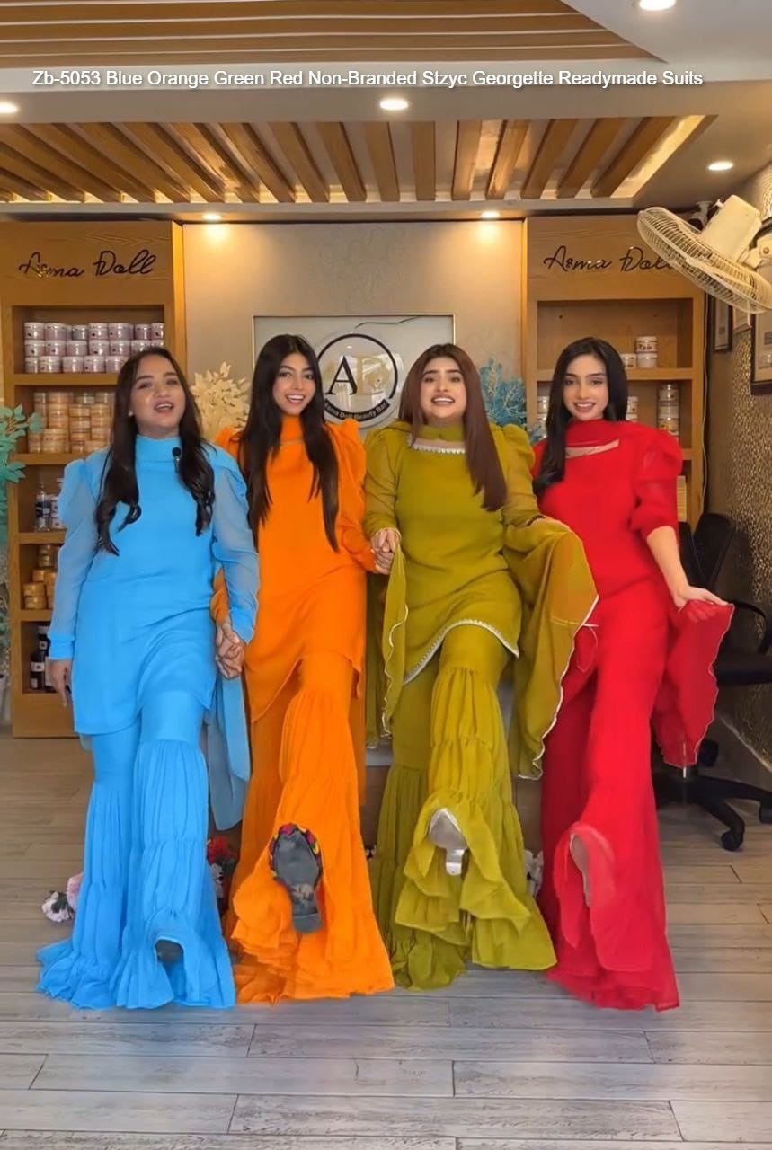 Zb-5053 Blue Orange Green Red Non-Branded Stzyc Georgette Readymade Suits