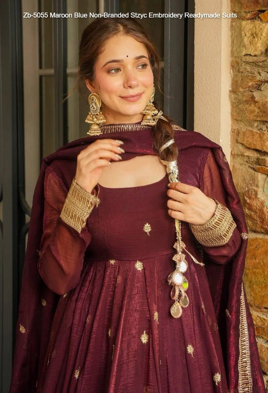 Zb-5055 Maroon Blue Non-Branded Stzyc Embroidery Readymade Suits