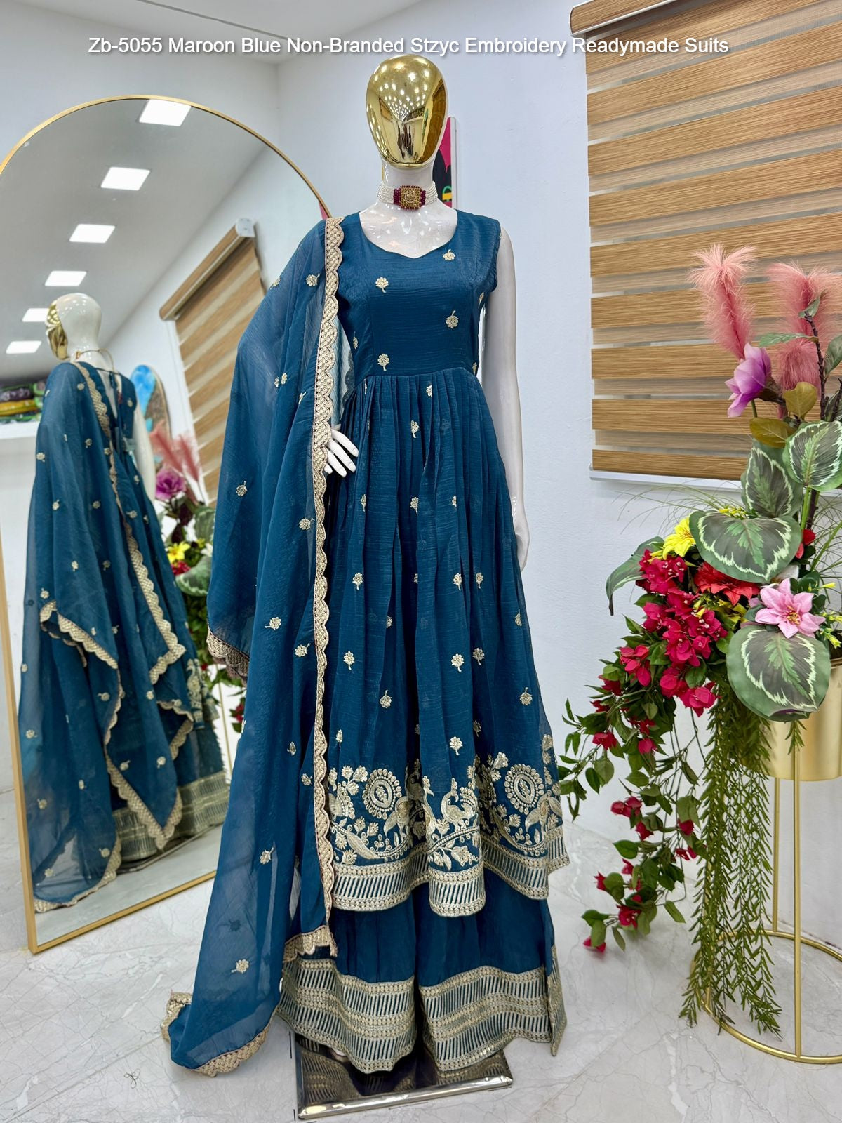 Zb-5055 Maroon Blue Non-Branded Stzyc Embroidery Readymade Suits