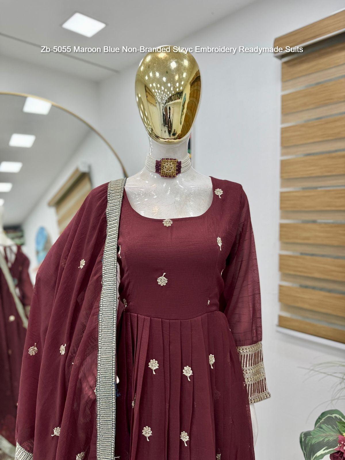 Zb-5055 Maroon Blue Non-Branded Stzyc Embroidery Readymade Suits