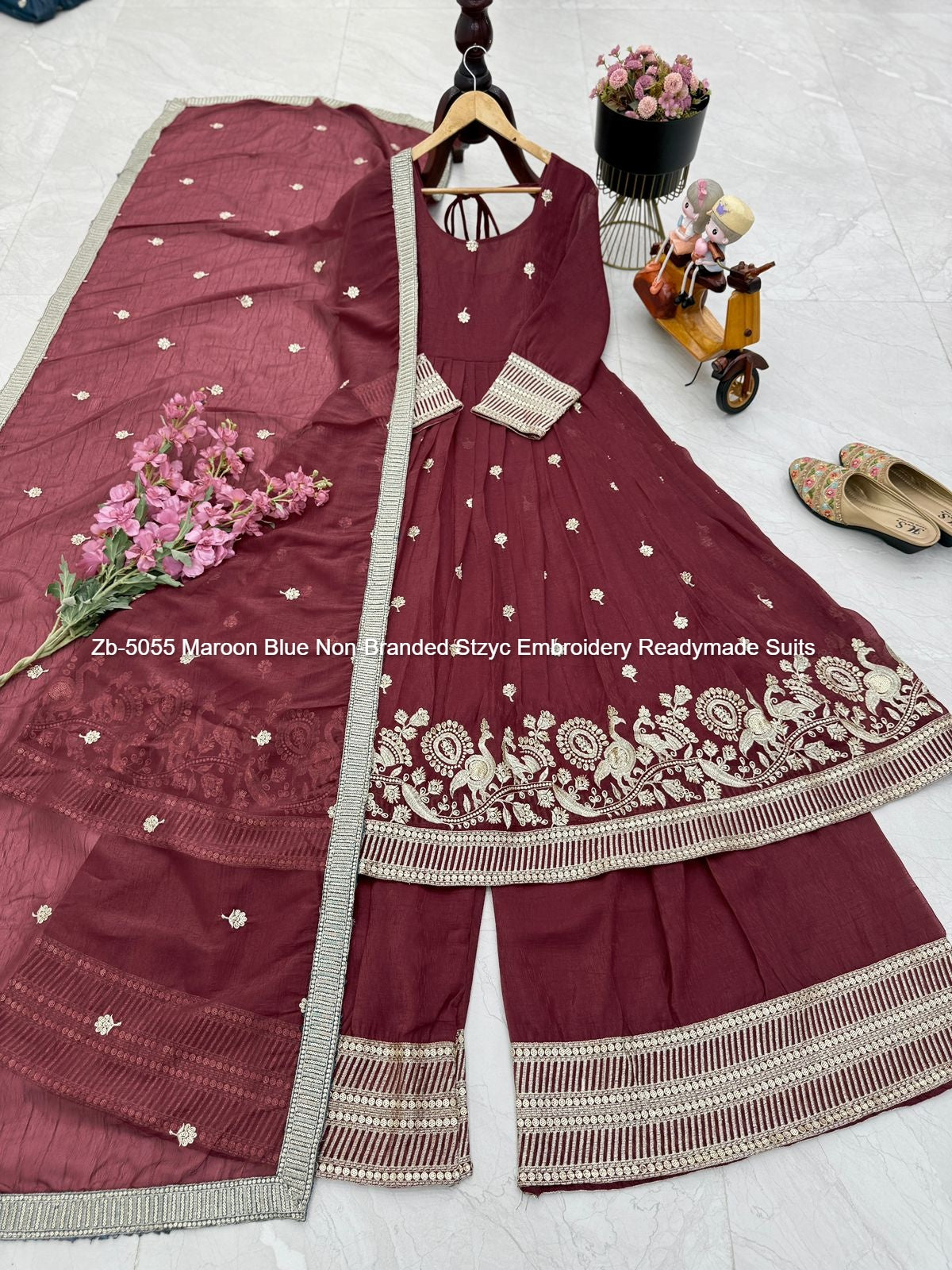 Zb-5055 Maroon Blue Non-Branded Stzyc Embroidery Readymade Suits