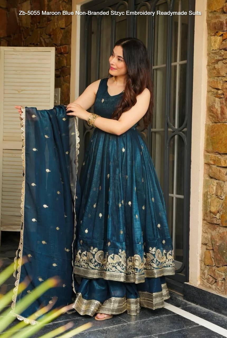 Zb-5055 Maroon Blue Non-Branded Stzyc Embroidery Readymade Suits