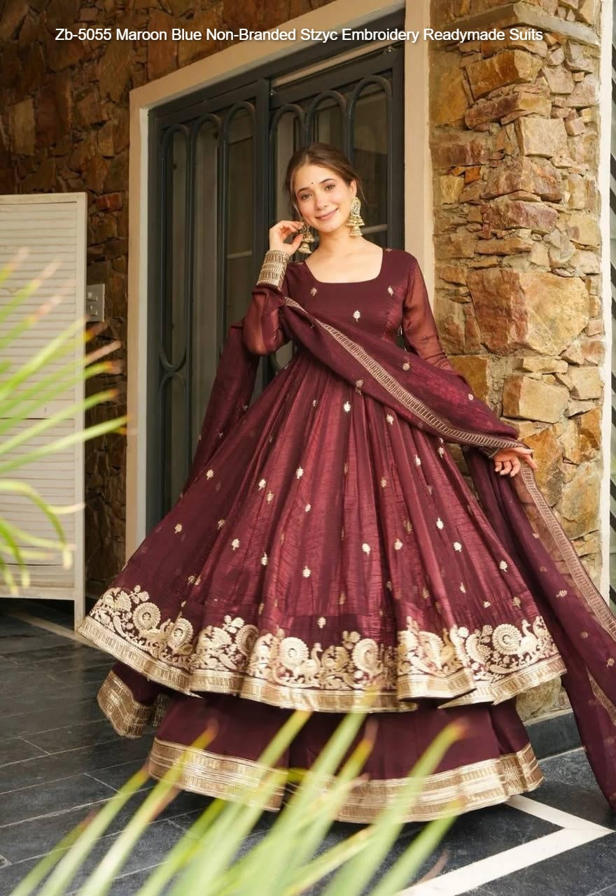 Zb-5055 Maroon Blue Non-Branded Stzyc Embroidery Readymade Suits