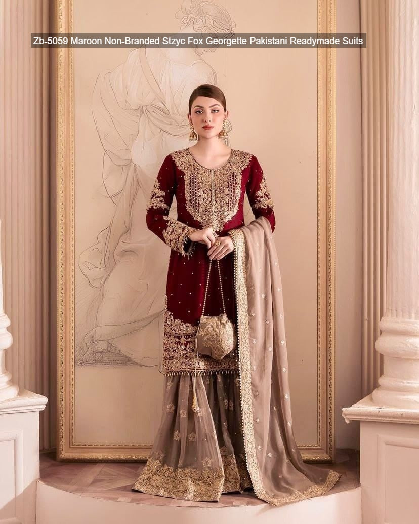 Zb-5059 Maroon Non-Branded Stzyc Fox Georgette Pakistani Readymade Suits