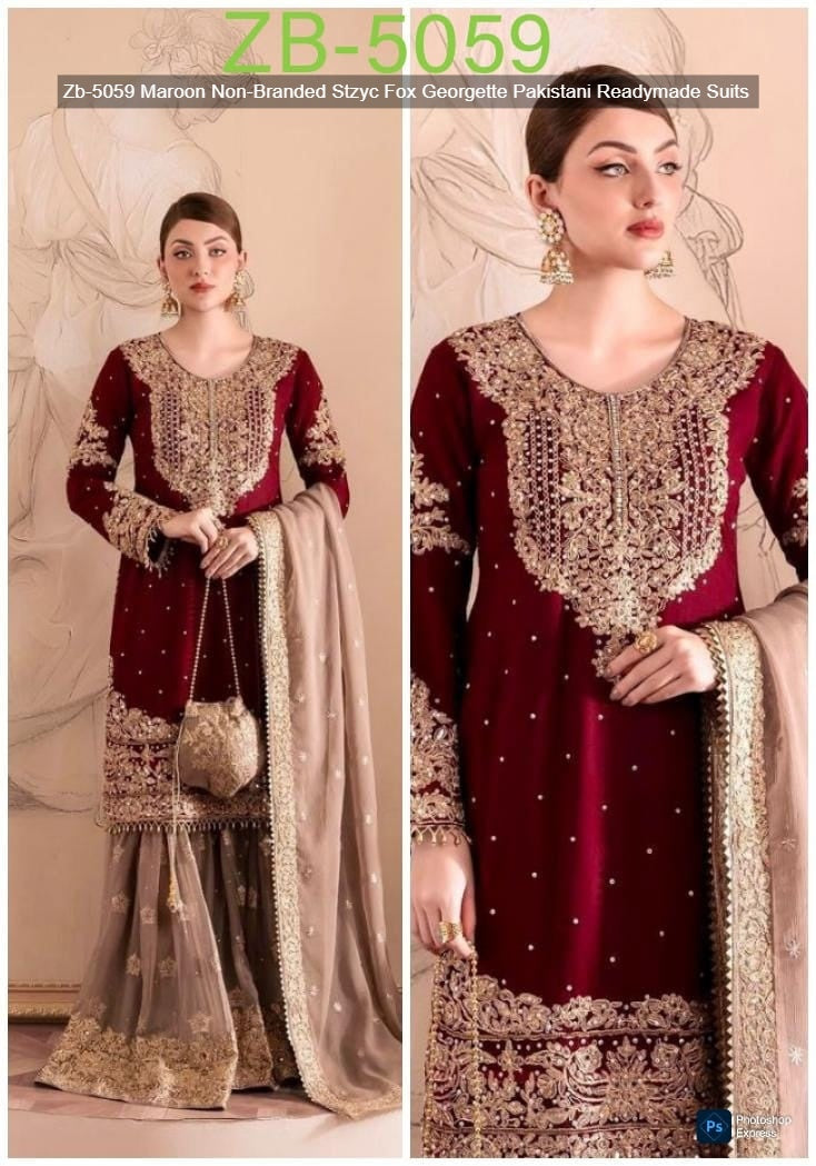 Zb-5059 Maroon Non-Branded Stzyc Fox Georgette Pakistani Readymade Suits