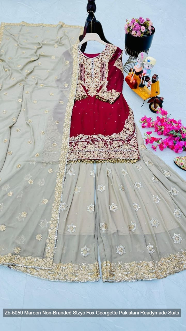 Zb-5059 Maroon Non-Branded Stzyc Fox Georgette Pakistani Readymade Suits