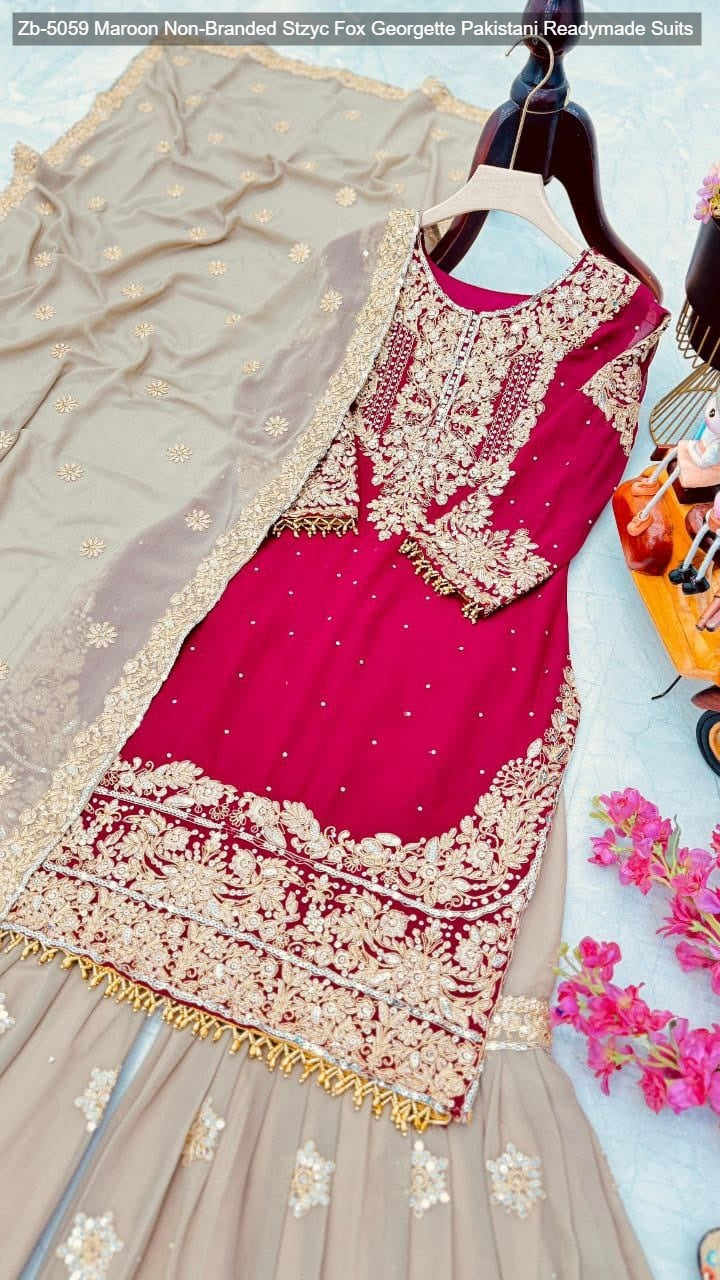 Zb-5059 Maroon Non-Branded Stzyc Fox Georgette Pakistani Readymade Suits