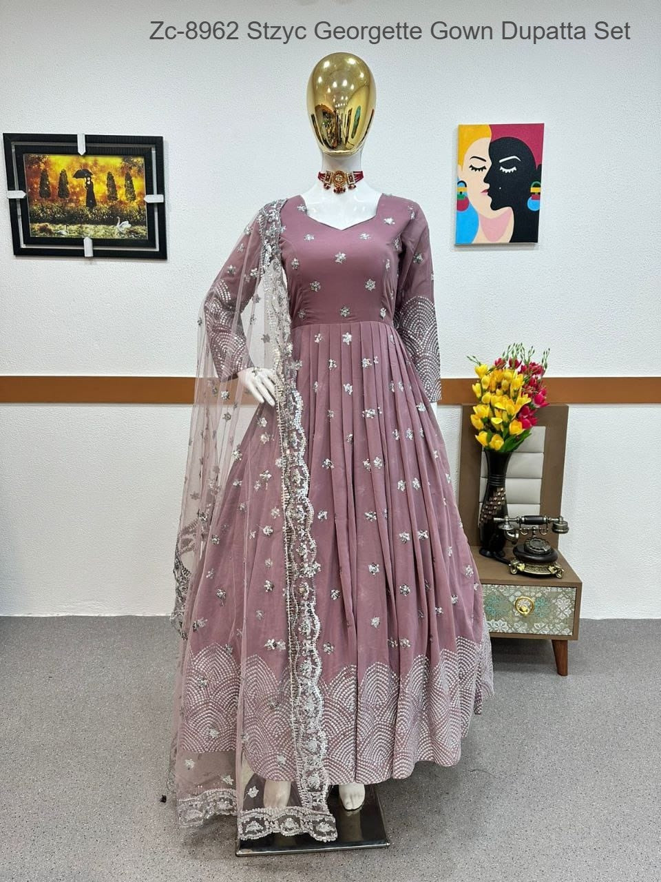 Zc-8962 Stzyc Georgette Gown Dupatta Set