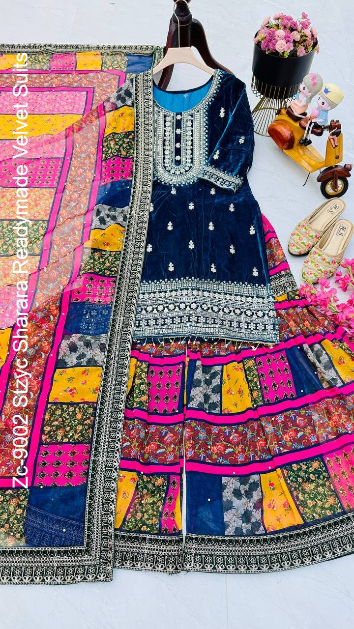 Zc-9002 Stzyc Sharara Readymade Velvet Suits