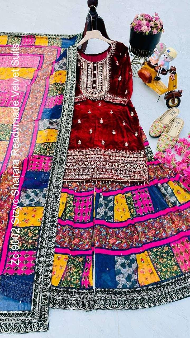 Zc-9002 Stzyc Sharara Readymade Velvet Suits