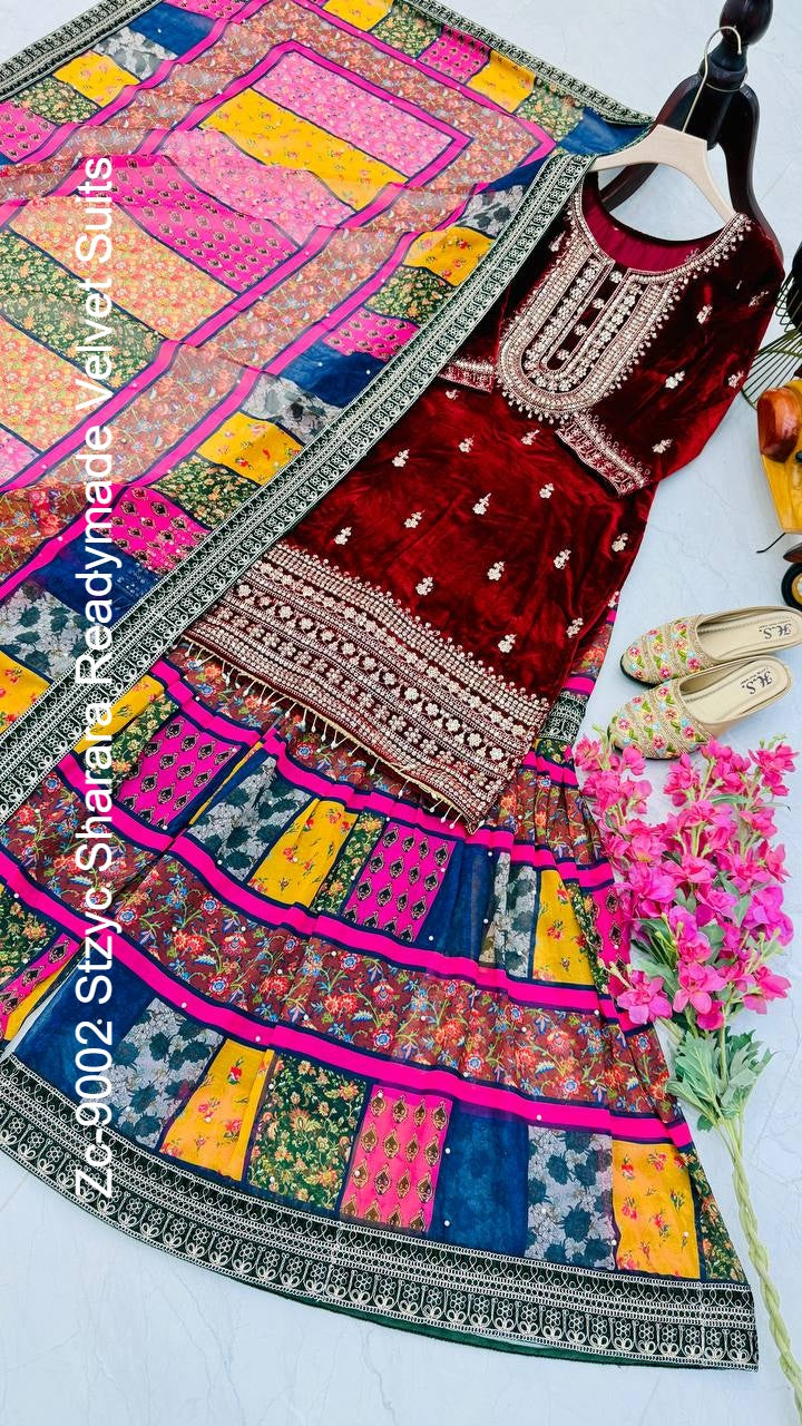 Zc-9002 Stzyc Sharara Readymade Velvet Suits