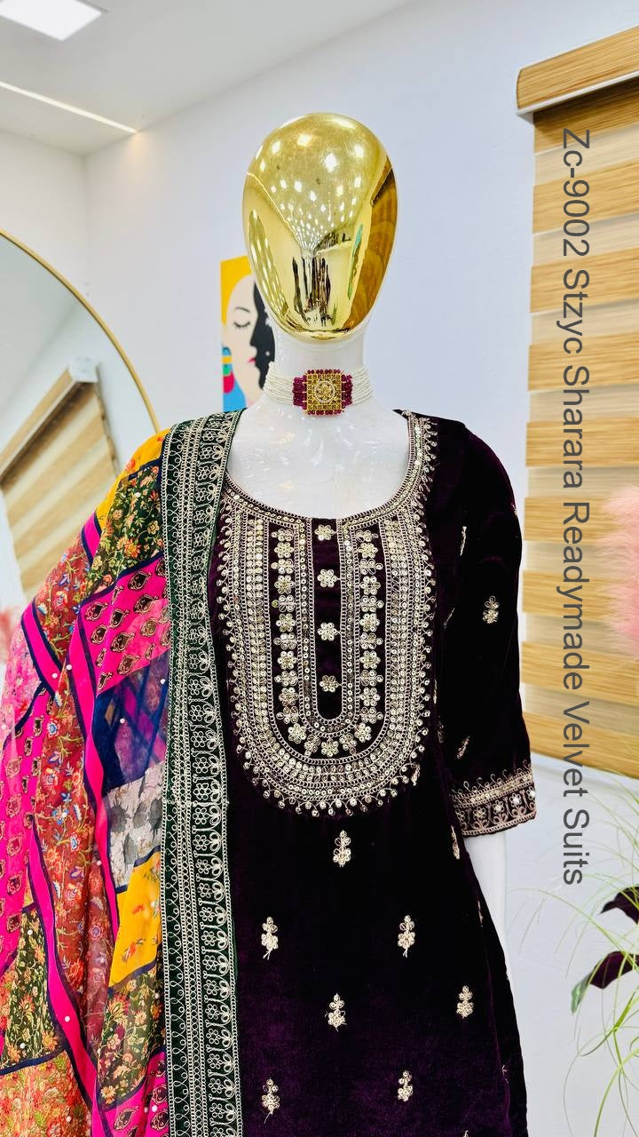 Zc-9002 Stzyc Sharara Readymade Velvet Suits
