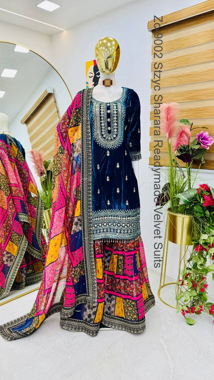 Zc-9002 Stzyc Sharara Readymade Velvet Suits