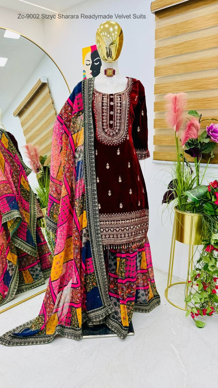 Zc-9002 Stzyc Sharara Readymade Velvet Suits