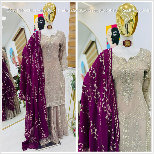 Zc-9010 Red Blue Wine Black Non-Branded Stzyc Georgette Pakistani Readymade Suits