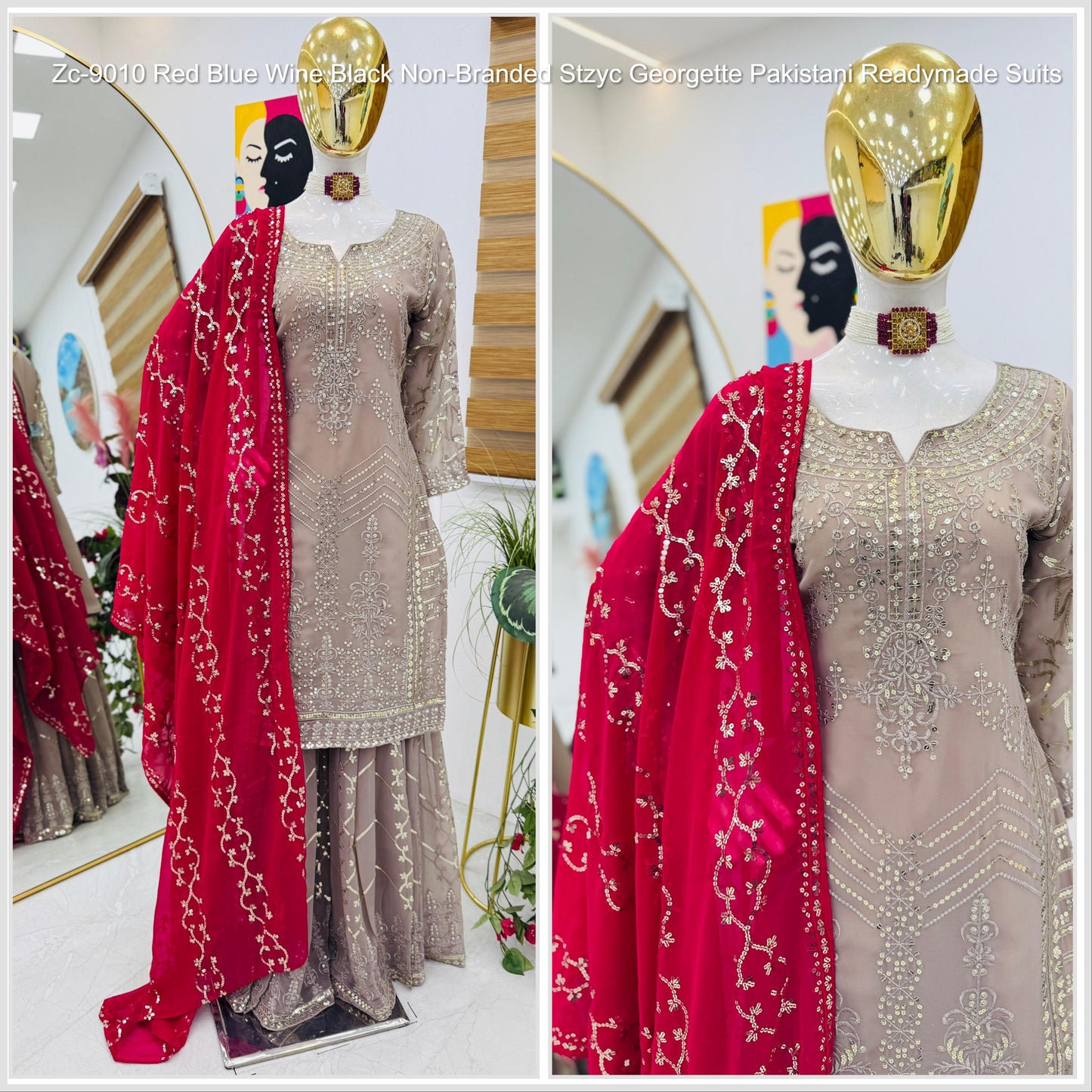 Zc-9010 Red Blue Wine Black Non-Branded Stzyc Georgette Pakistani Readymade Suits
