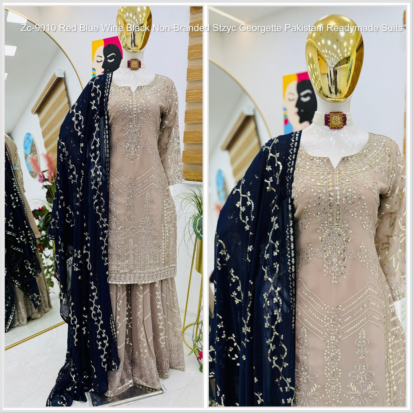 Zc-9010 Red Blue Wine Black Non-Branded Stzyc Georgette Pakistani Readymade Suits