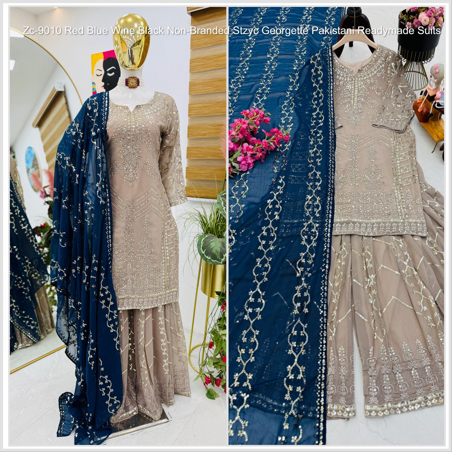 Zc-9010 Red Blue Wine Black Non-Branded Stzyc Georgette Pakistani Readymade Suits