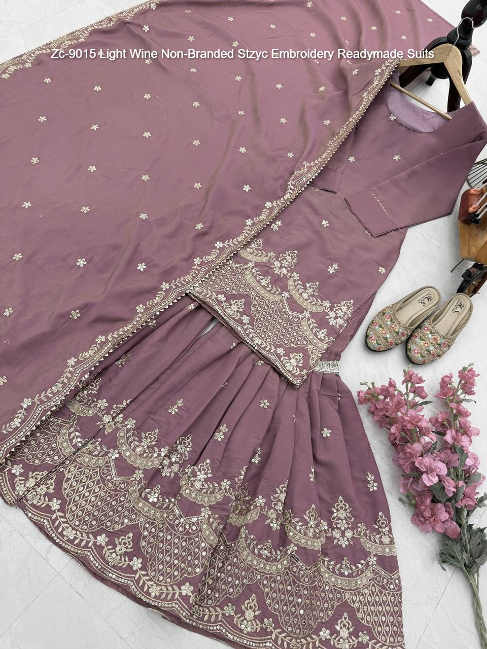 Zc-9015 Light Wine Non-Branded Stzyc Embroidery Readymade Suits