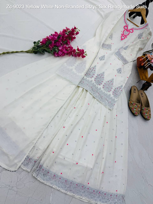 Zc-9023 Yellow White Non-Branded Stzyc Silk Readymade Suits