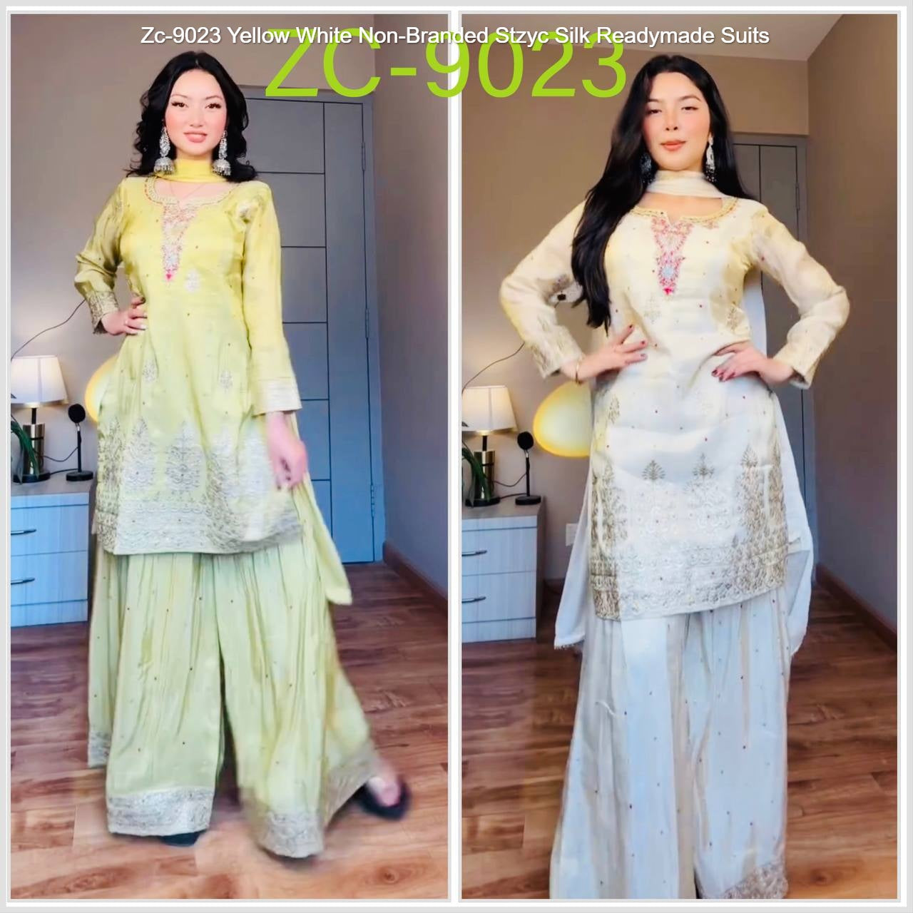 Zc-9023 Yellow White Non-Branded Stzyc Silk Readymade Suits