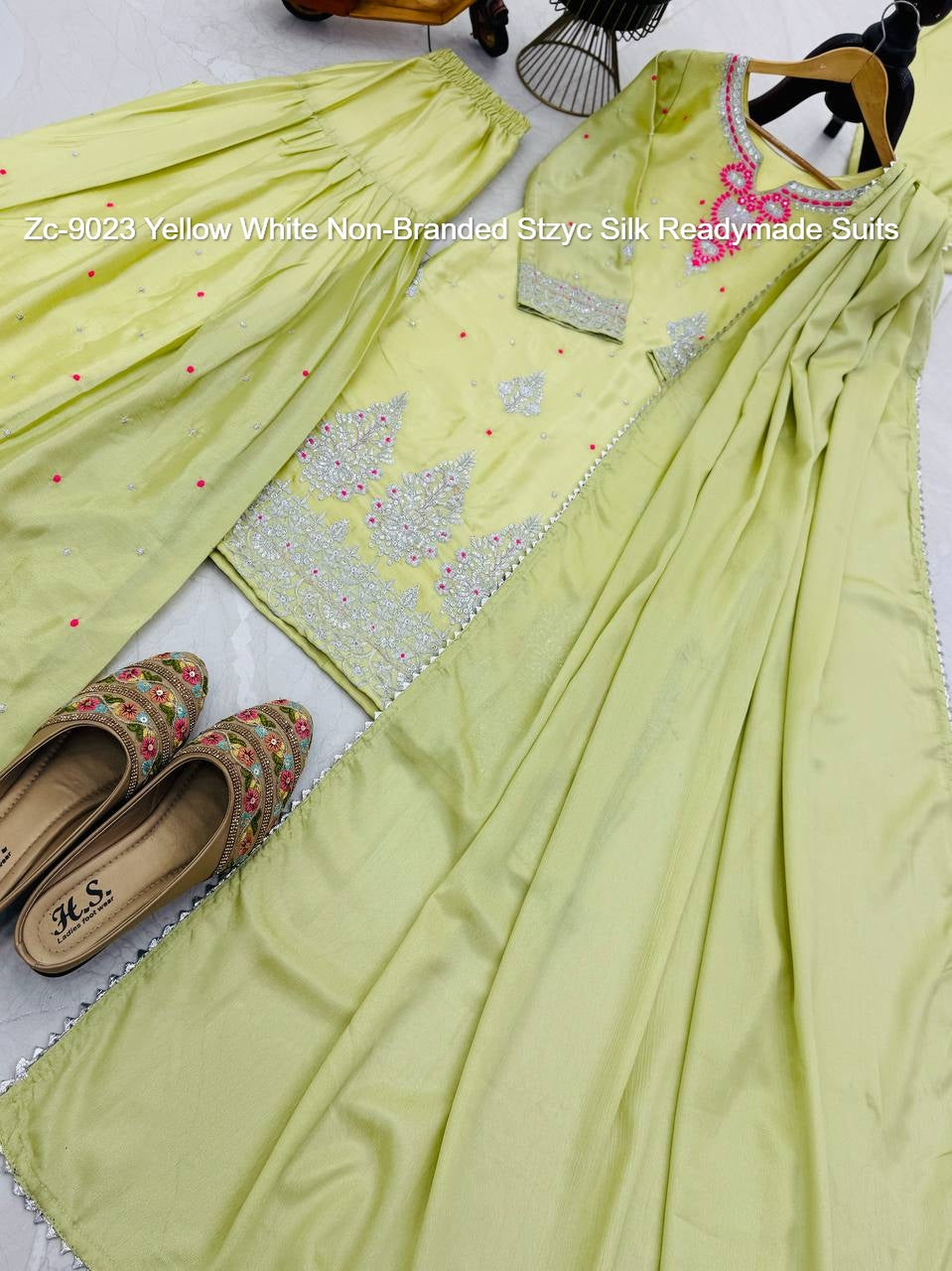 Zc-9023 Yellow White Non-Branded Stzyc Silk Readymade Suits