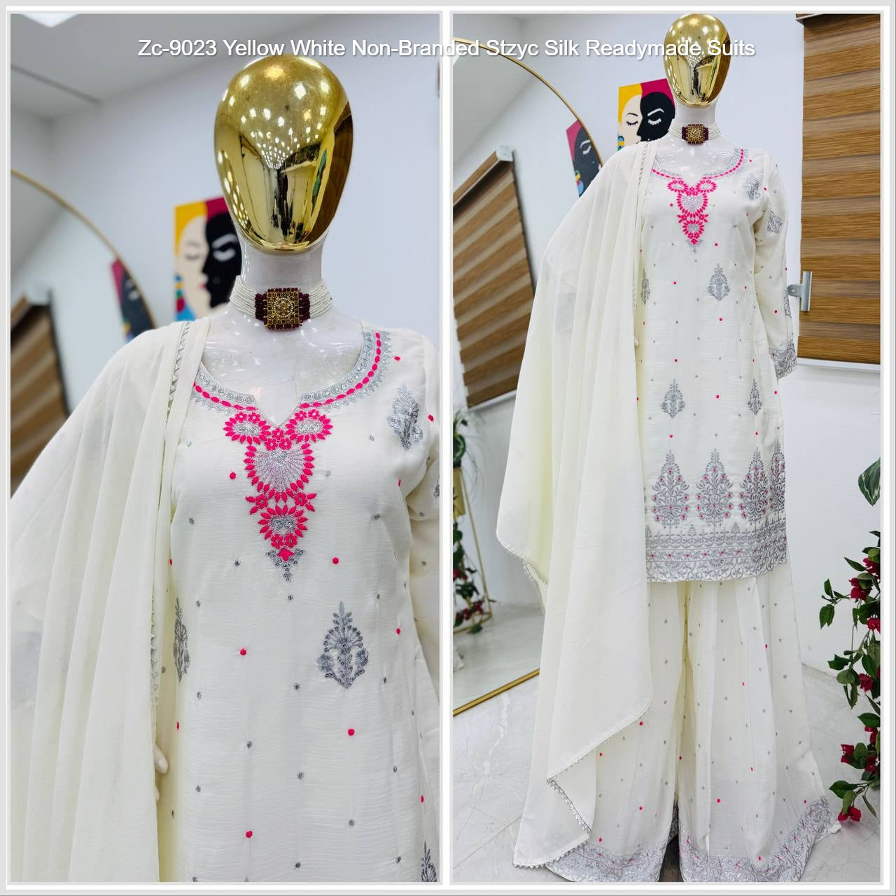 Zc-9023 Yellow White Non-Branded Stzyc Silk Readymade Suits