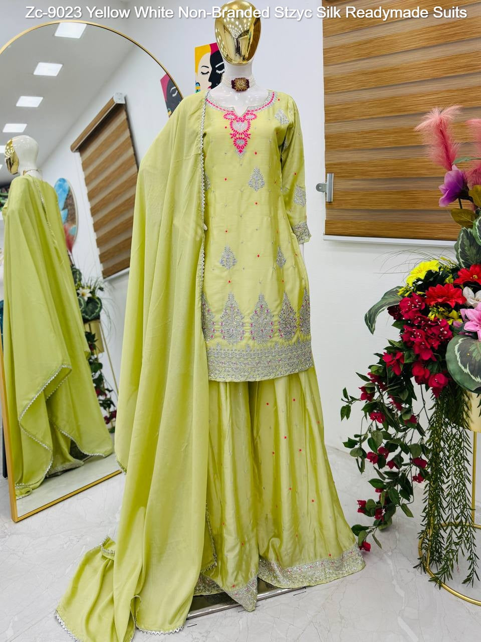 Zc-9023 Yellow White Non-Branded Stzyc Silk Readymade Suits
