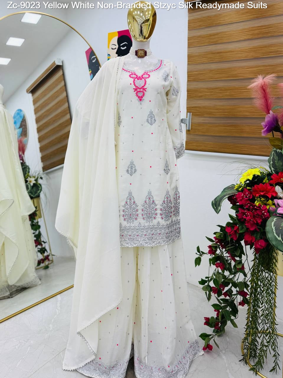 Zc-9023 Yellow White Non-Branded Stzyc Silk Readymade Suits