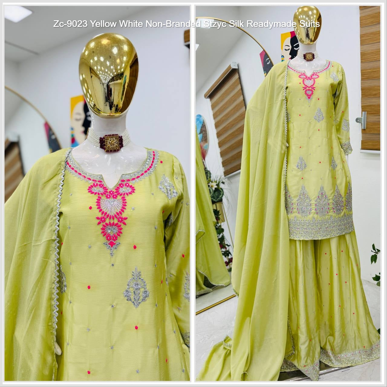 Zc-9023 Yellow White Non-Branded Stzyc Silk Readymade Suits