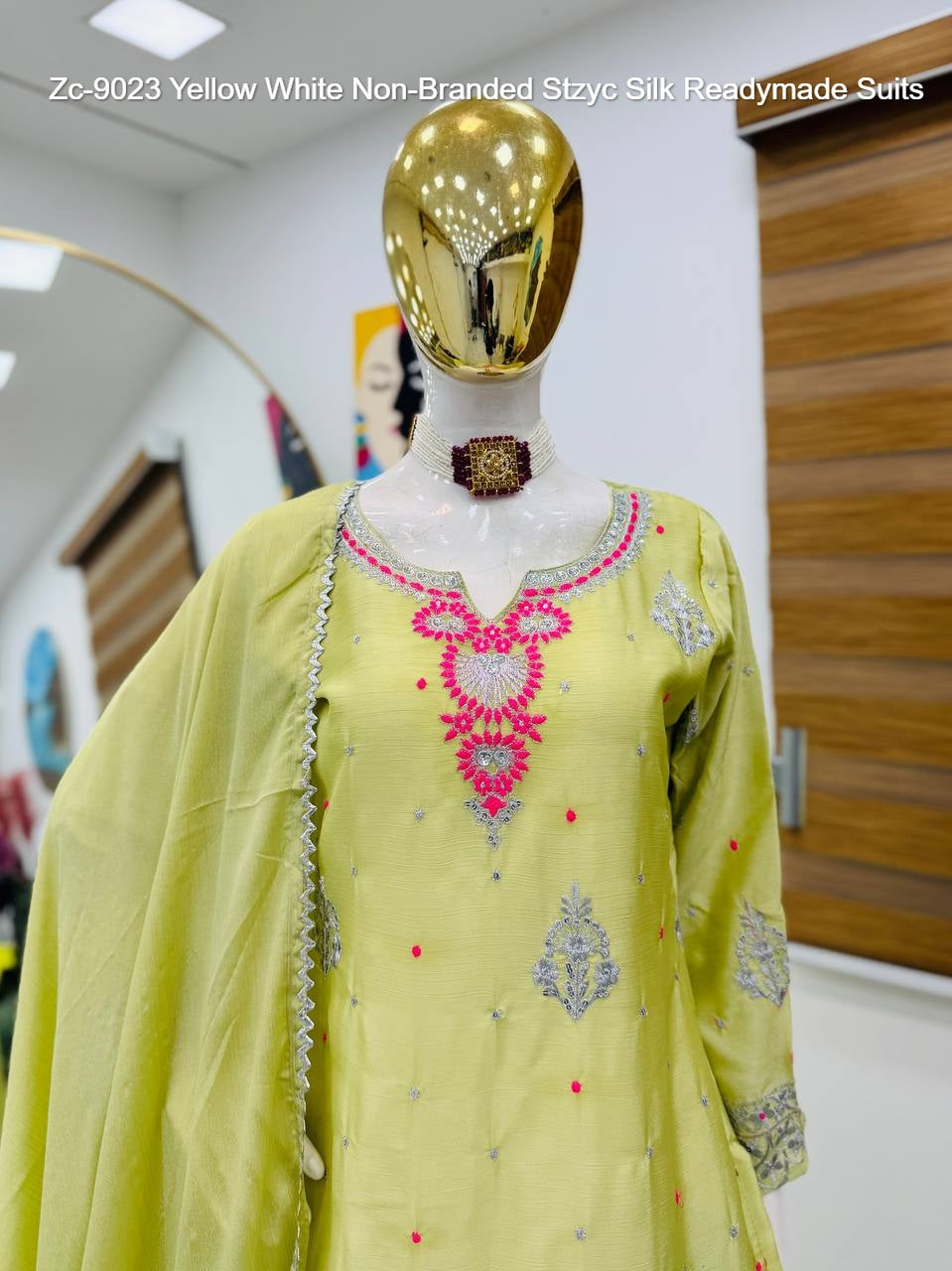 Zc-9023 Yellow White Non-Branded Stzyc Silk Readymade Suits